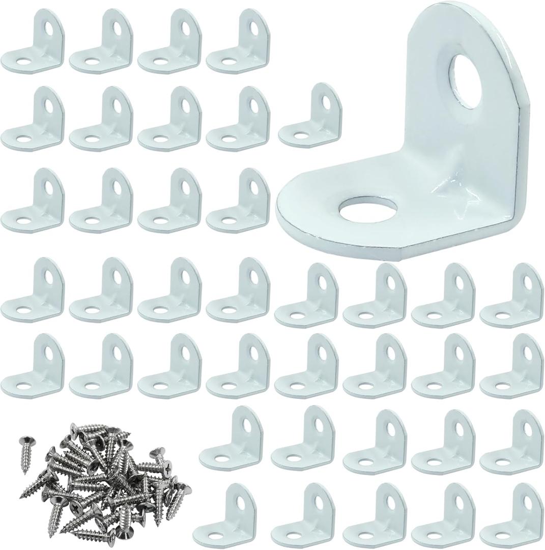 40 Pcs L Bracket Corner Brace 0.63" x 0.63" Metal Corner Bracket 90 Degree Right Angle for Shelves Chair Tables Cabinet Wood Furniture whih 80 Pcs Screws, White