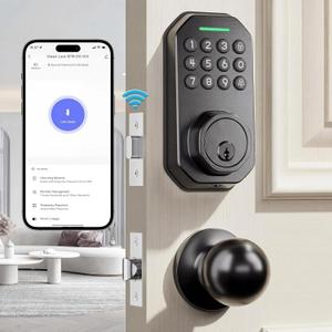 Ulecoce SL02W WiFi Keyless Entry Door Lock with Knob Set, Matte Black
Keypad Deadbolt for Front Door, App Control, Auto Lock, One-Touch Lock, Anti-Peep Code, 5 Keys, IP54 Waterproof