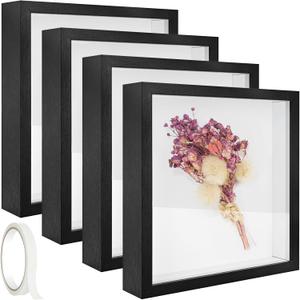 4 Pack 5 x 5in Shadow Box Frame, Shadow Boxes Display Cases with Adhesive Tape, 3D Picture Frame for Baby Items Wedding Memories Crafts Awards Medals Tickets Graduation Photos (Black)