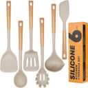 Silicone Cooking Utensils Set, Heat Resistance Large Kitchen Utensils Set with Long Wooden Handle, BPA-free Silicone Spatula, 6 Pcs Cooking Spoons for Non Stick Frying Pans and Pots, Khaki