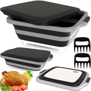 MAYALEAD BBQ Prep Tub with 2 Pcs Meat Shredder Claws, Collapsible Cutting Board, Cutting Board with Lids, Drip Easy BBQ Prep Tub with lid-XL Size (Black)
