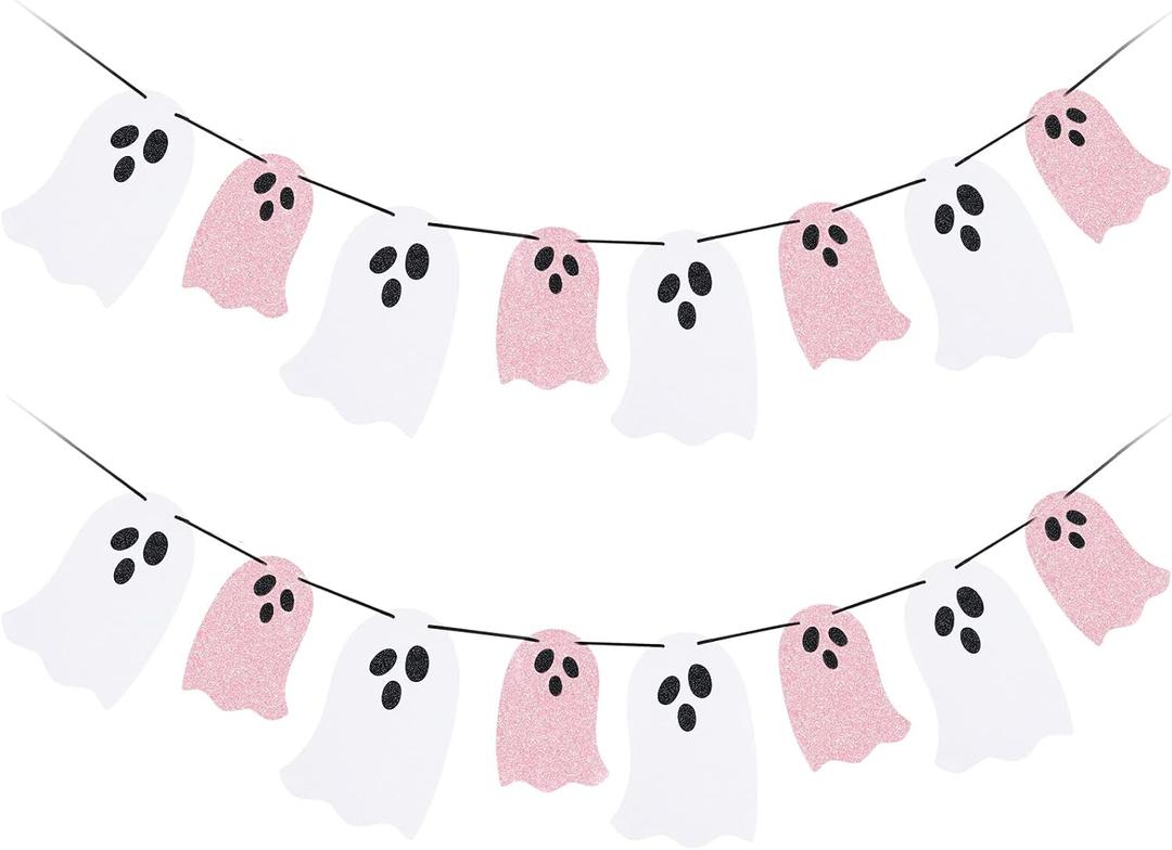 2 x 2 Pack Pink and White Halloween Ghost Garland Banner, Ghost Halloween Party Banner Decorations Indoor for Haunted Mansion Mantle Home Decor