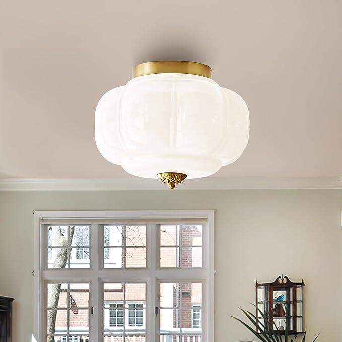Milk Glass Ceiling Light Fixture - Farmhouse Antique Brass Semi Flush Mount Ceiling Light for Kitchen, Hallway, and Bedroom 
(White 15 inch)