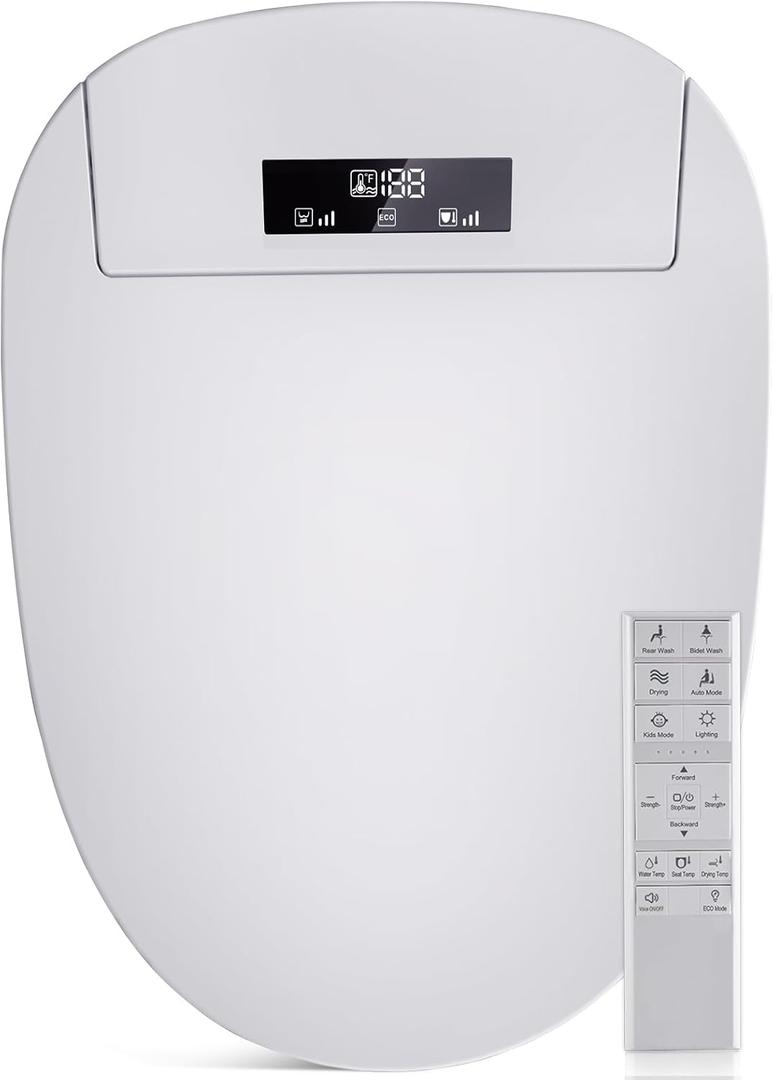 Bidet Toilet Seat with Adjustable Heated Seat & Water, Air Dryer, Quiet Close Lid, Wireless Remote - Electric Bidet Seat 201SP (Elongated)