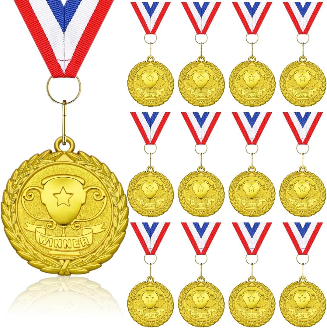 Donrime Well Done Medals, 12-Pack Gold Metal Medal Sports Day Medals with Ribbon Necklace for Sports Day Prizes, Gymnastics Competitions, Party Gifts, Kids Adults (Winner)