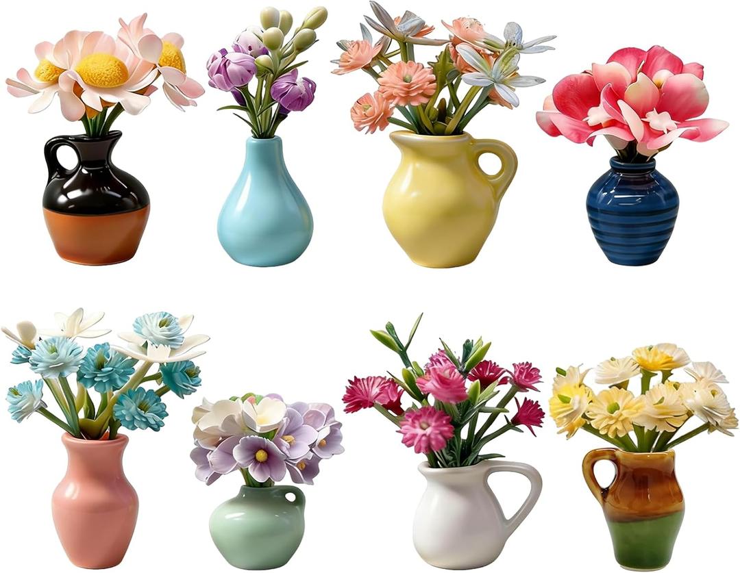8 Pack Ceramic Mini Vase Fridge Magnets with Artificial Flowers, Cute Magnetic Vase Decor for Locker Office Home, Ideal Gift