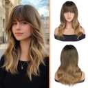 Haloo Brown Wigs with Bangs - 19 Inch Natural Wavy Synthetic Heat Resistant Medium Length Hair Wigs for Women Daily Party, Ombre Brown