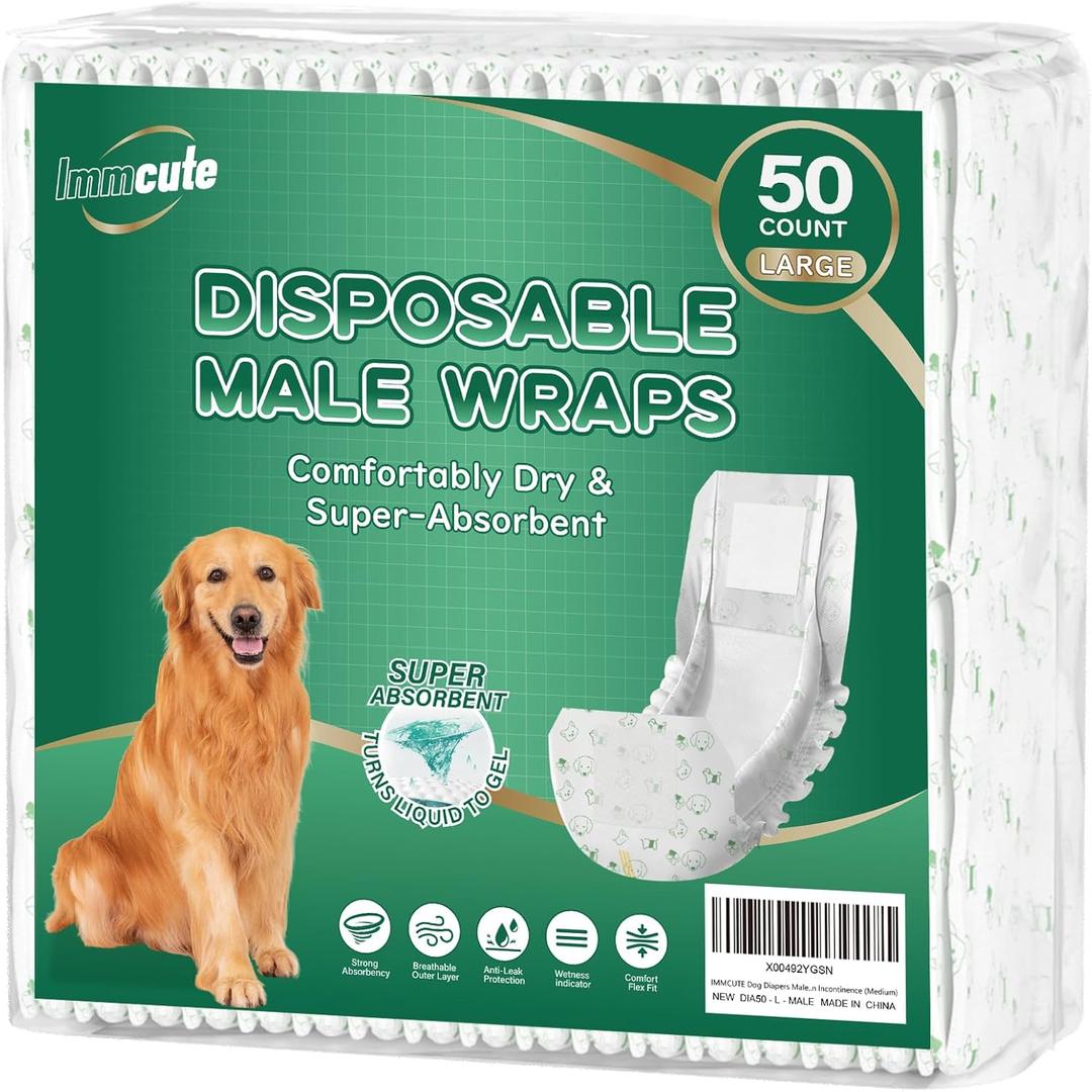 IMMCUTE Dog Diapers Male Large 50 Ct, Disposable Male Dog Wraps with Wetness Indicator, Super Absorbent Puppy Diapers Male, Comfortable Doggie Diapers for Excitable Urination, Incontinence, White