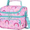 Kasqo Lunch Bag Kids, Dual Compartment Insulated Cooler Bag Girls Boys Toddler Lunch Box Containers for Daycare School Kindergarten Travel Pink Rainbow