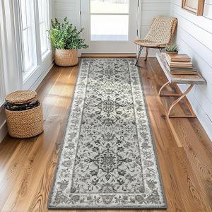 Vintage Runner Rug for Hallway Washable 2x6 Area Rug Non Slip Kitchen Rug with Rubber Backing Soft Non Shedding Mat Floral Carpet Runner for Entrance Kitchen Bedroom Laundry Room Gray