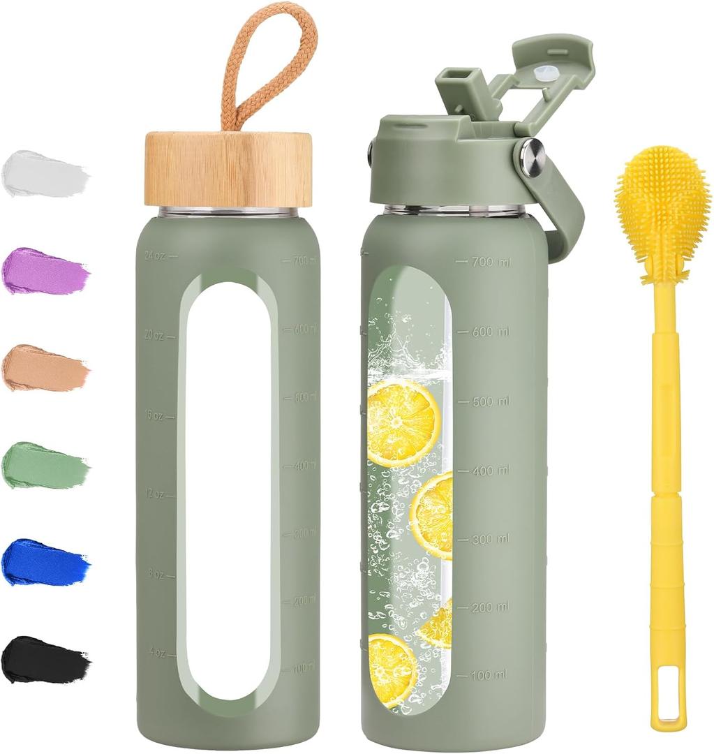 24 oz Glass Water Bottle with 2 Lids-Handle Straw Lid & Bamboo Lid,1 Liter Motivataional Tumbler Water Bottle Time Marker, Borosilicate Glass Water Bottles With Silicone Sleeve, Leakproof (Olive)