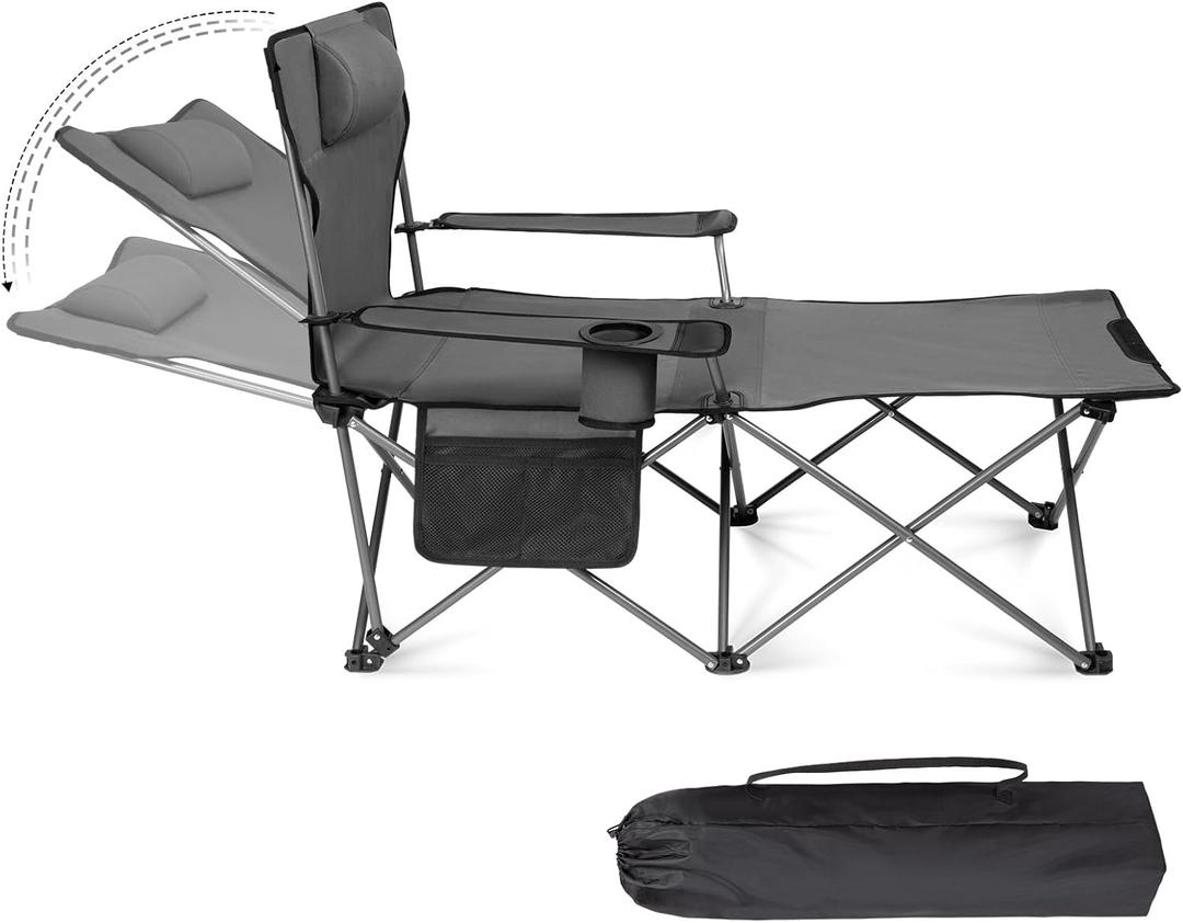 Reclining Camping Beach Chair - Folding Chairs with Footrest Lightweight Lounge with Pillow Cup Holder for Adults Outdoor Beach Patio Sport Lawn