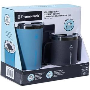 ThermoFlask Insulated Coffee Mugs, Set of 2, 355 and 474 ml, black and Green, Non-Slip Base, Splash Proof Lid
