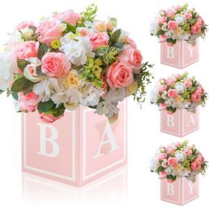 4 Pcs Baby Shower Flower Boxes Table Centerpieces Decoration Pink Baby Block Floral Holder Centerpiece Baby in Bloom Gender Reveal Birthday Party Decors Table Display Its A Girl Its A Boy