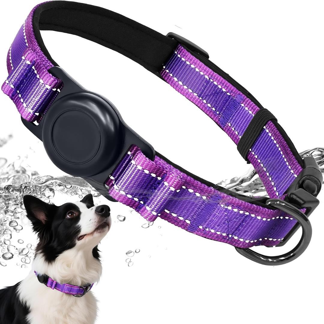 AirTag Dog Collar, IP68 Waterproof Air Tag Dog Collar Holder, Reflective, Ultra-Durable, Comfortable Padded, Heavy Duty Dog Collars, Purple-L