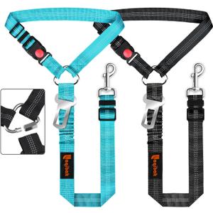 Removable Dog Seat Belt Harness for Car, 3 in 1 Pet Dog Car Seatbelt Leash, Retractable Restraint Secures to Vehicle Headrest & Adjustable Reflective Bungee Dog Seatbelt Tether, Blue and Black