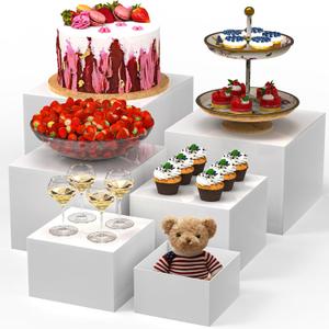 6 PCS Buffet Risers, Large Food Risers for Buffet Table, Display Stand Shelf for Party, Catering, Jewelry & Collectibles, White Acrylic Nesting Boxes for Food Display (10" 9" 8" 7" 6" 5")