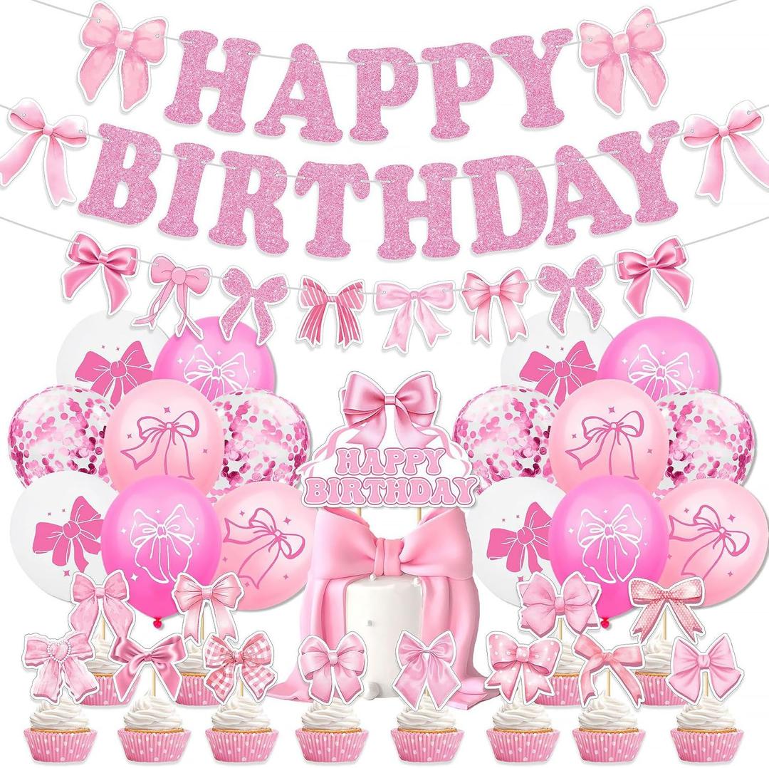 32PCS Pink Coquette Birthday Decorations, Girl Party Supplies, Bow Birthday Party Decor Set