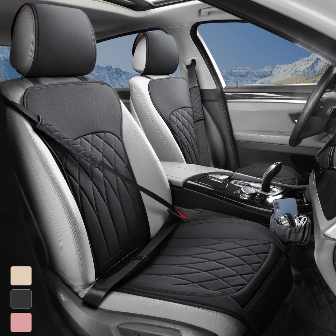 2 Pack Leather Front Car Seat Covers, Universal Sideless Car Seat Protectors with Storage Pocket and Seat Belt Pads, Waterproof Automotive Seat Cover for Cars Trucks SUV(Black)