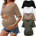 Oakgarden 4 Pack Women's Maternity Shirts V Neck Half Sleeve Tunic Blouse Side Ruched Cotton Tee Tops Pregnancy Clothes(Army Green, Khaki, White, Black, XX-Large)