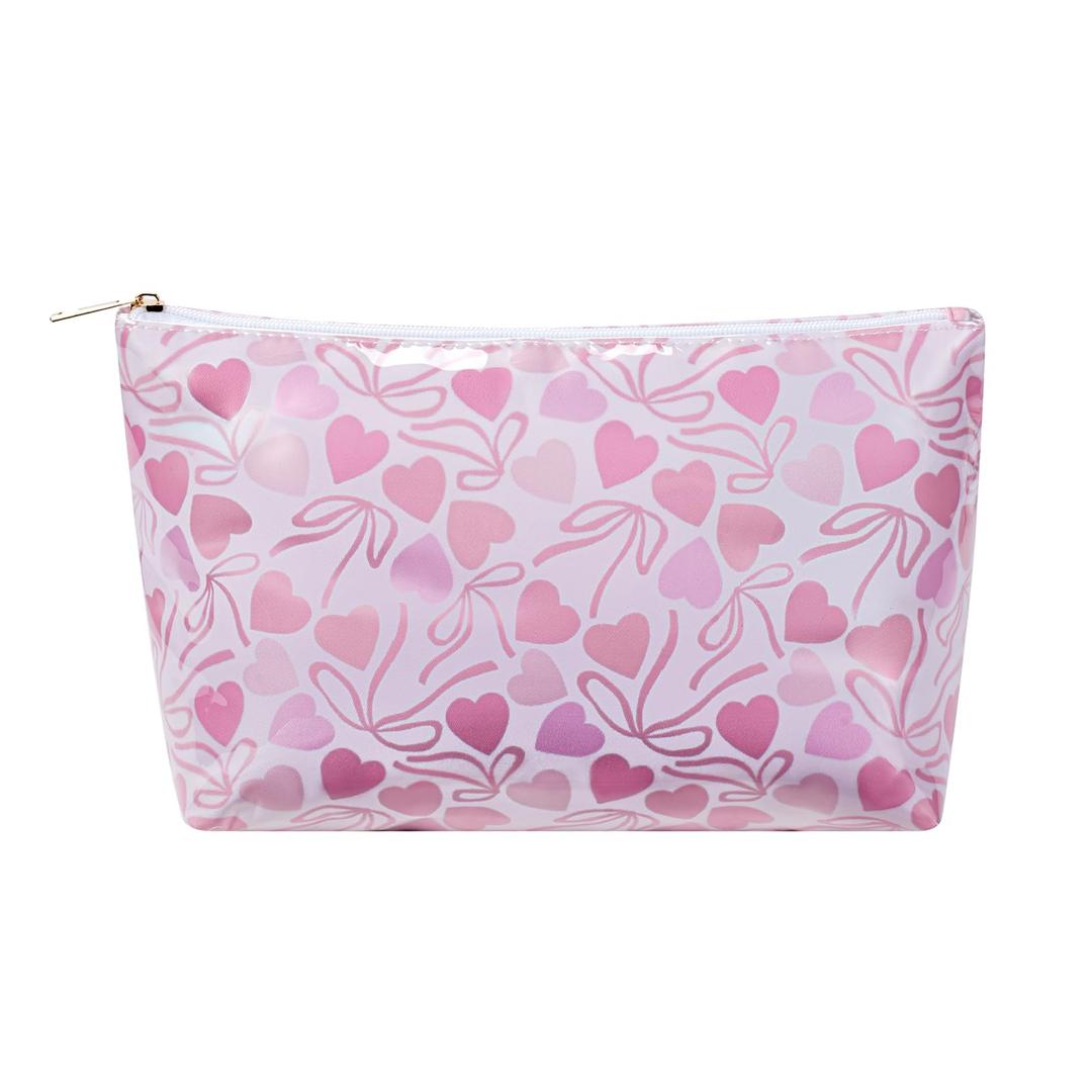 Large Waterproof Travel Sunscreen Makeup Bag with Bow Pattern,Aesthetic PVC Toiletry Bag,Coquette Beach Cosmetic Bag Organizer,Cute Preppy Travel Accessories Essentials for Women and Girls (Orange)