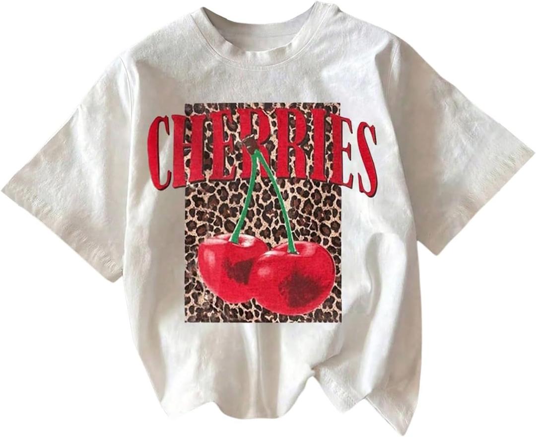 Women's Cherry Bow Graphic Tees Short Sleeve Crew Neck Summer T Shirt Tops for Women Trendy (Large, White and Red)