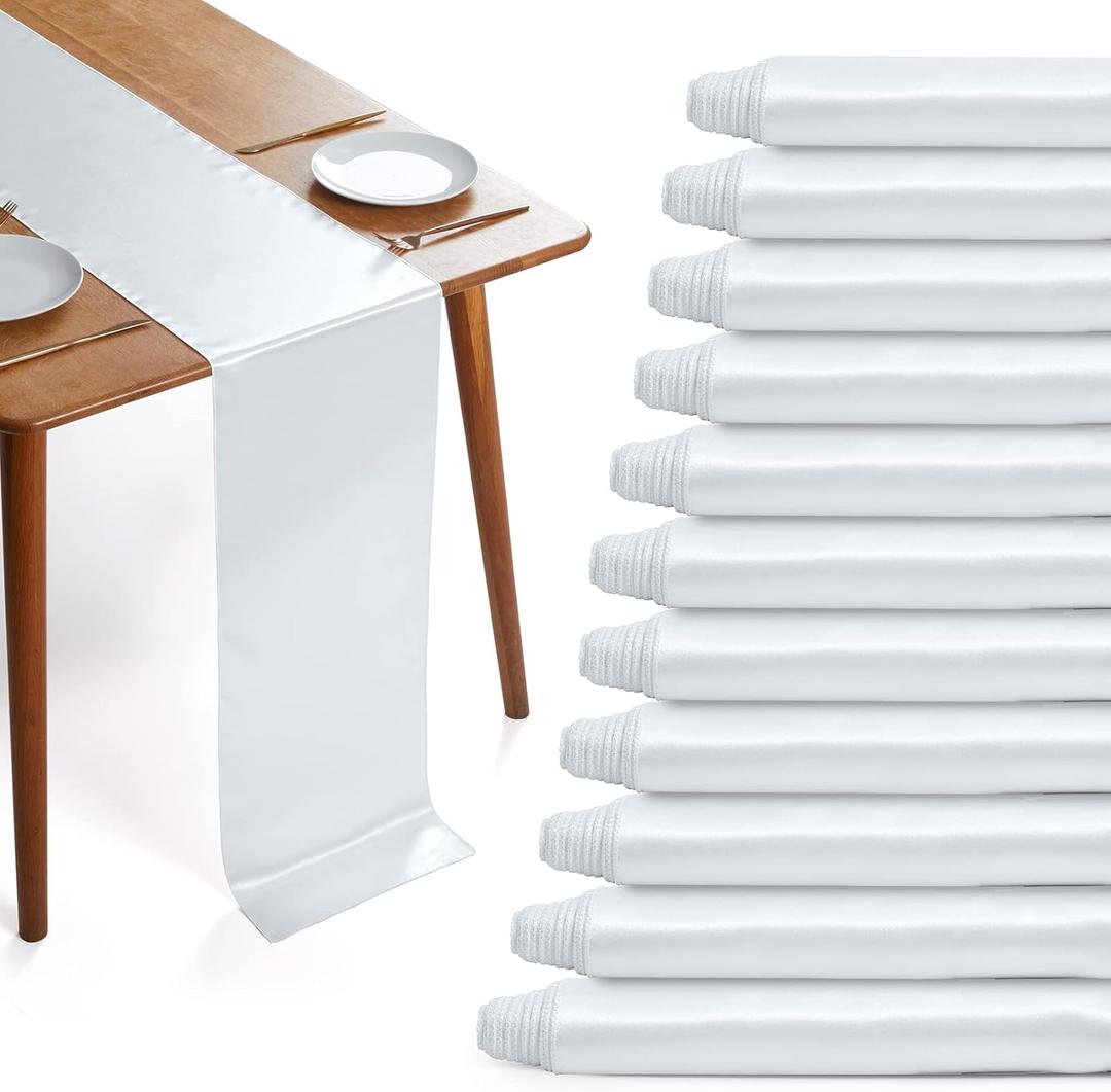 12 Pack White Satin Table Runners, 12 x 108 Inches Silky Long Table Runner Decor, Bright Smooth Luxury Party Table Runner Decorations for Birthday Holiday Banquet