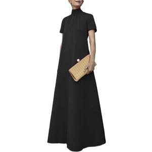 LIXINGHEITANG Loose Neck Summer Women Dress Short Sleeve Solid Long Party Elegant Casual Robes (XX-Large, S1 Black8)