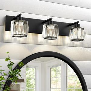 VOLISUN Crystal Vanity Lights for Bathrooms, 3 Light Bathroom Vanity Light, Modern Matte Black Bathroom Light Over Mirror, Black Bathrooms Lights Fixtures-UL Certificated (Exclude Bulb)