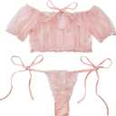 Lilosy Sexy Stretch Ruffle Tie Sheer Mesh Lingerie Set Outfits (Medium, Polka Dot Pink)