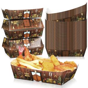 Hoolerry 200 Pcs Western Party Decorations 1LB Cowboy Paper Food Trays Saloon Western Wild West Food Boats Disposable Serving for Birthday Picnic BBQ Memorial Day Father's Day July 4th Party Supplies