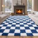 8x10 Checkered Area Rugs for Living Room Bedroom, Blue and Yellow Shag Fluffy Rug for Kids Room,Soft Non Slip Carpets Home Decor Aesthetic, Blue and White