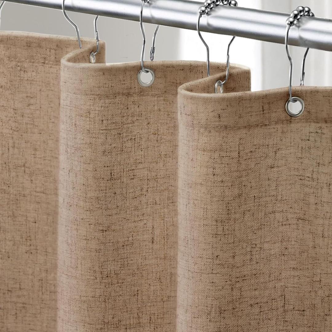 Linen Shower Curtain Khaki, Fabric Boho Farmhouse Shower Curtains for Bathroom Cotton Natural Cloth Liner Set 72" W x 72" L