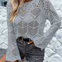 Allimy Womens Fashion Long Sleeve Hollow Out Crochet Crewneck Pointelle Knitted Top Blouses Pullovers Light Grey XXL (Gray, XXL)