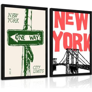 New York City Wall Art Nyc Canvas Wall Decor Vintage New York Pictures Poster Trendy Minimalist Wall Art Retro Prints New York City Painting Modern Artwork for Living Room 16x24 Inch Framed Set of 2