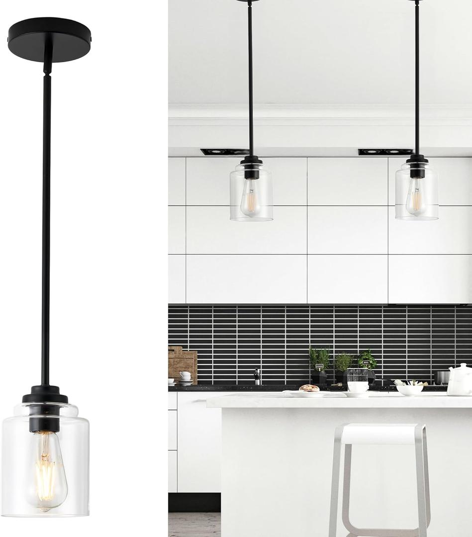 Black Pendant Lights - Glass Pendant Lights Kitchen Island - Hanging Light Fixture for Kitchen Island Dining Room H-7010-BKCL-R