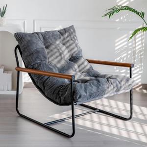 MAXYOYO Modern Accent Chair, Comfy Living Room Chair with Metal Frame Wooden Armrest, Upholstered Armchair with Soft Cushion for Bedroom Balcony Lounge Reading Room, Dark Grey, Standard