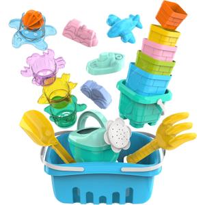Splash & Sand Adventure Set  Beach Toys for Toddlers with 18 Pcs Stacking Cups, Watering Can, Bucket, Shovels, Rake, Toy Car Sand Moulds & Storage Basket, Summer Toys for Kids Ages 1+
