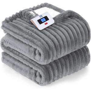 Sealy Electric Blanket Twin Size, Soft Ribbed Flannel to Sherpa Reversible Heated Blanket with 10 Heat Settings & 1 to 12 Hours Auto-Off Overheat Protection Machine Washable, 62"x84" Light Grey