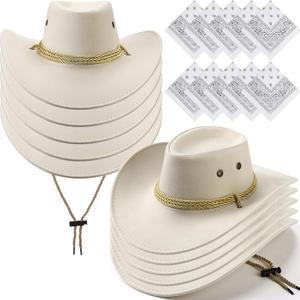 Coume 10 Set Cowboy Hat and Bandana for Women Men 10 Felt Cowgirl Cowboy Hat Bulk 10 Western Bandanas for Adult Costume Party (Beige White)