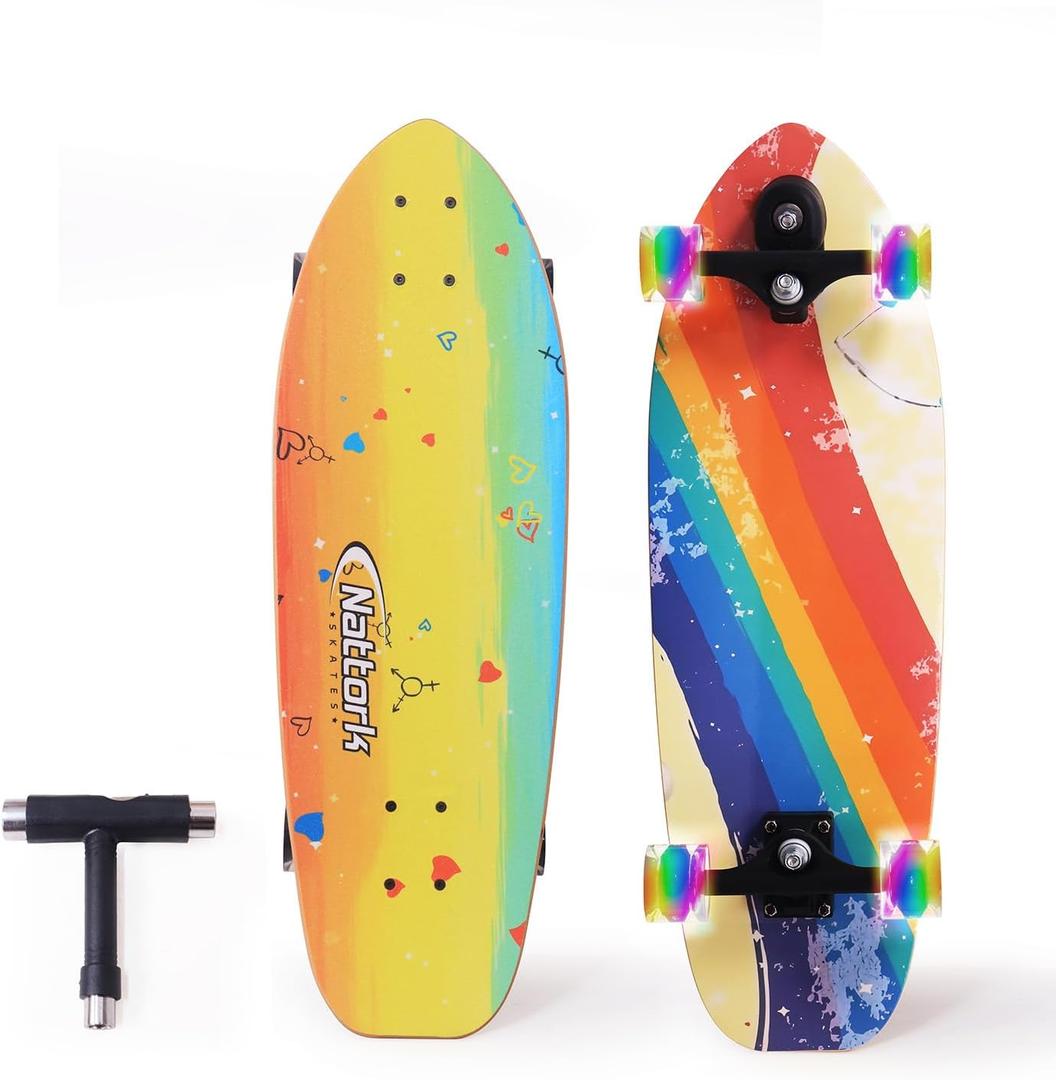 Nattork Complete Kid Skateboards 29" x 9" Youth Cruiser Skateboard for Beginners Double Kick Deck Concave Girls or Boys Skateboard