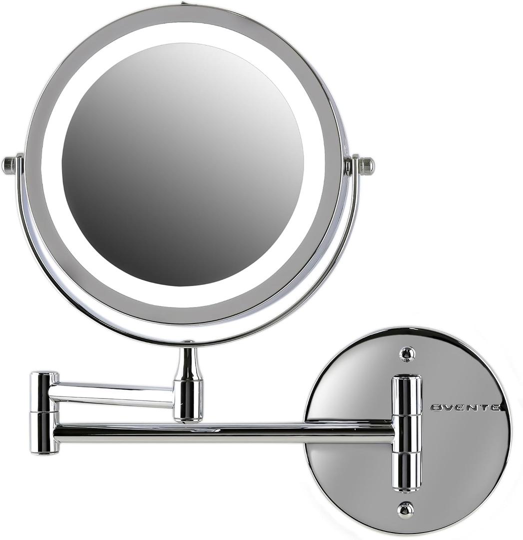 OVENTE Wall Mounted Lighted Makeup Mirror, 7" Double Sided 1X/7X Magnifying Vanity Mirror for Bathroom with LED Lights, Cordless, 360 Rotation and 13" Extendable Arm, Polished Chrome MFW70CH1X7X