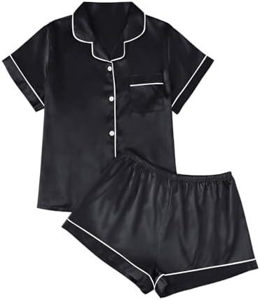 LILLUSORY Silk Satin Pajama Set for Women 2 Piece Lounge Pjs Shorts Matching Summer Sleepwear Button Down Shirt Shorts, Size: S