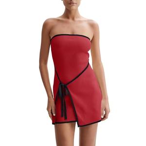 Wenrine Womens Sexy Tube Top Dress Strapless Self Tie Wrap Asymmetrical Hem Knit Summer Party Mini Dresses Red L