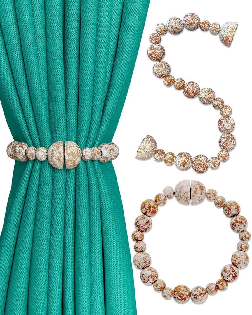 Beautiful Strong Magnetic Curtain Tiebacks Boho Farmhouse Decor (Whitewashed, 2 Pack)