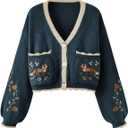Women's Floral Cropped Cardigan Cottagecore Boho Cardigans Embroidered Open Front Western Sweaters Fall Outwear (Medium, Blue)