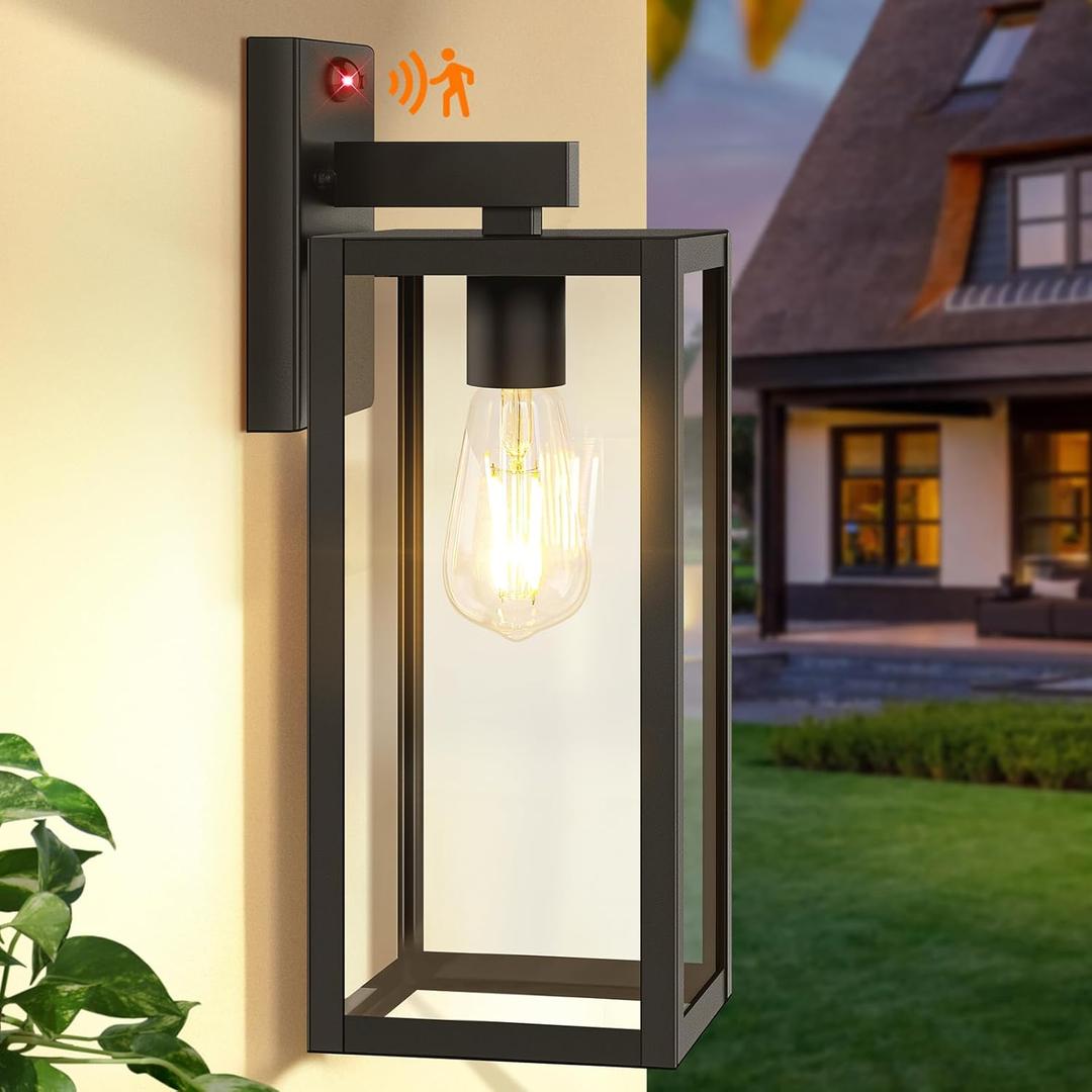 Upgraded Motion Sensor Outdoor Wall Light, Large Size Dusk to Dawn Porch Light Outdoor Wall Sconce Lantern, 3 Lighting Modes Exterior Lighting Fixture Wall Mount, Outside Light for House Garage, Black (15in)