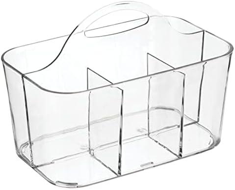 mDesign Plastic Makeup Storage Organizer Caddy Tote, Divided Basket Bin, Handle for Bathroom, Holds Eyeshadow Palettes, Nail Polish, Brushes, Shower Essentials, Small, Lumiere Collection - Clear
