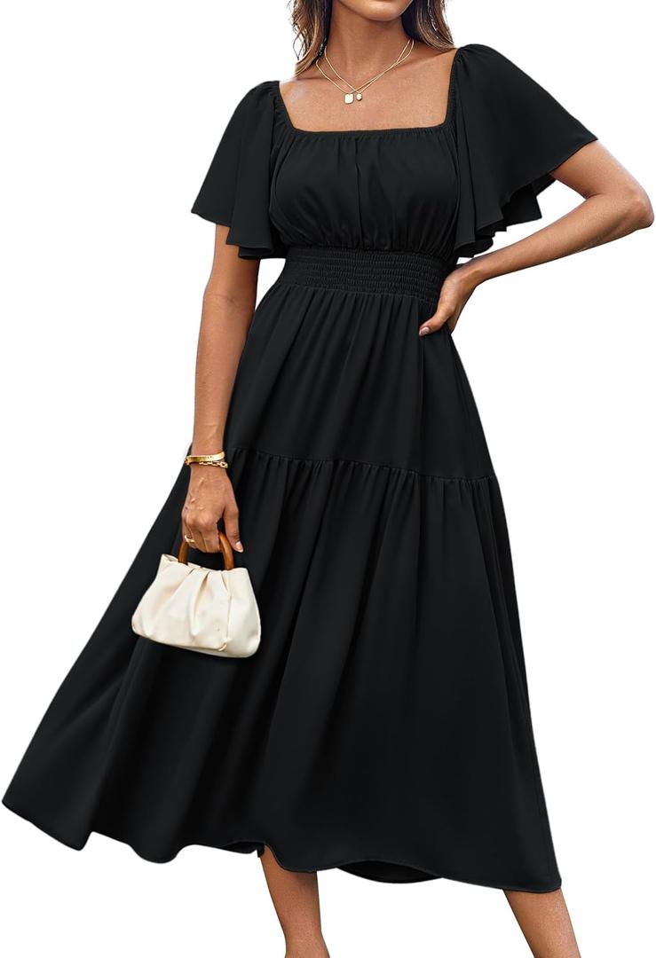 GRACE KARIN Women's Summer Short Sleeve Square Neck Smocked Waist Casual Vacation Tiered Flowy Maxi Dress (XX-Large, Black)