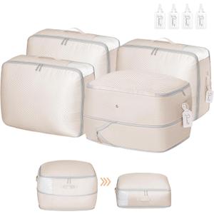 DIMJ Comforter Storage Bag - Ultra Space Saving Self Compression Organize for Duvet, Pillow, Bedding, Blanket Storage Organizer Nylon Compression Bags Large Capacity, Sheet Storage with Zipper, 4 Pack (Beige)